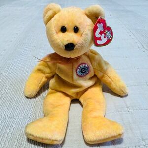 Ty Beanie Baby Sunny Bear 2000 Plush Toy Orange Yellow Bow e-Center Button